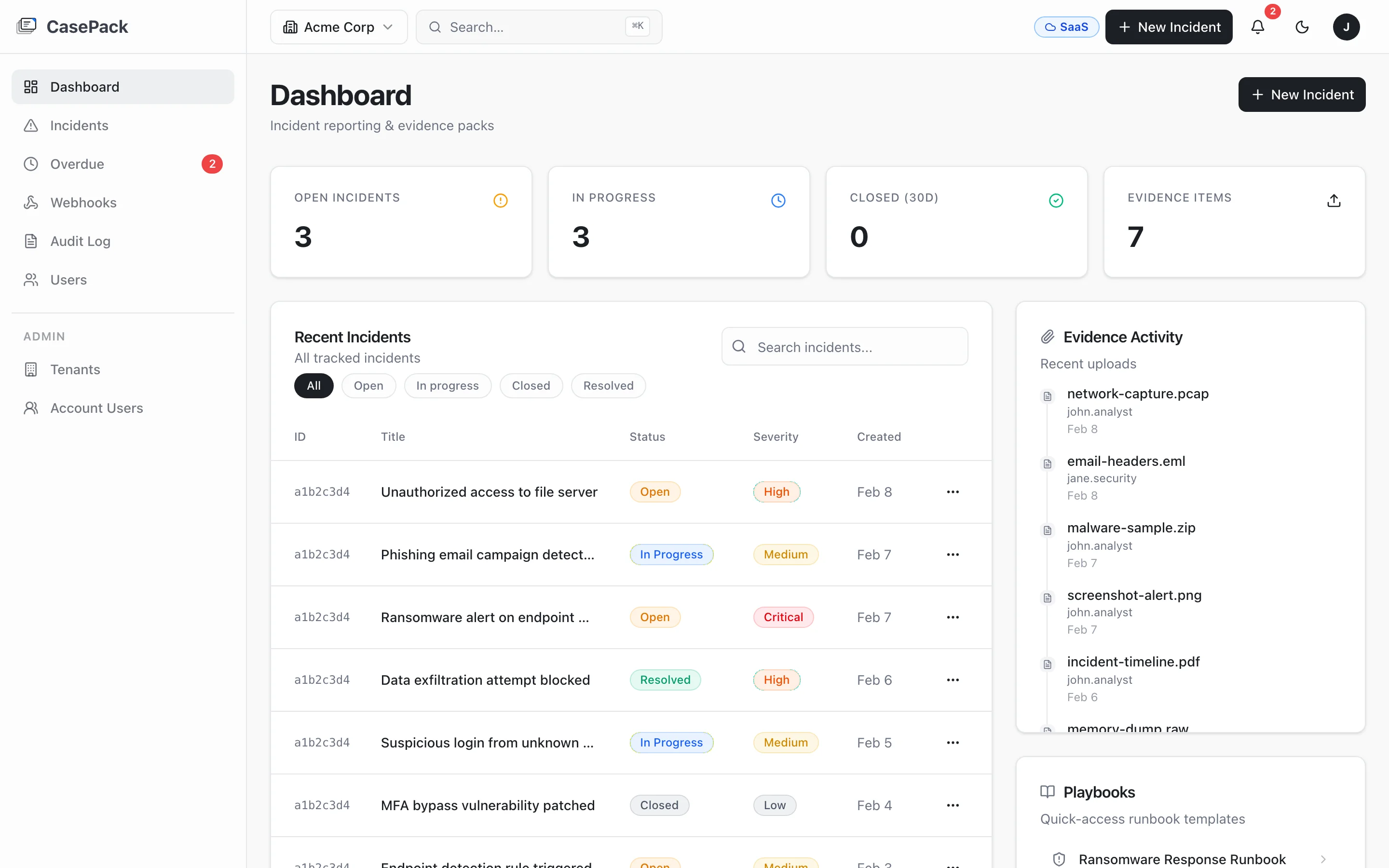 CasePack Dashboard — incident tracking and evidence management