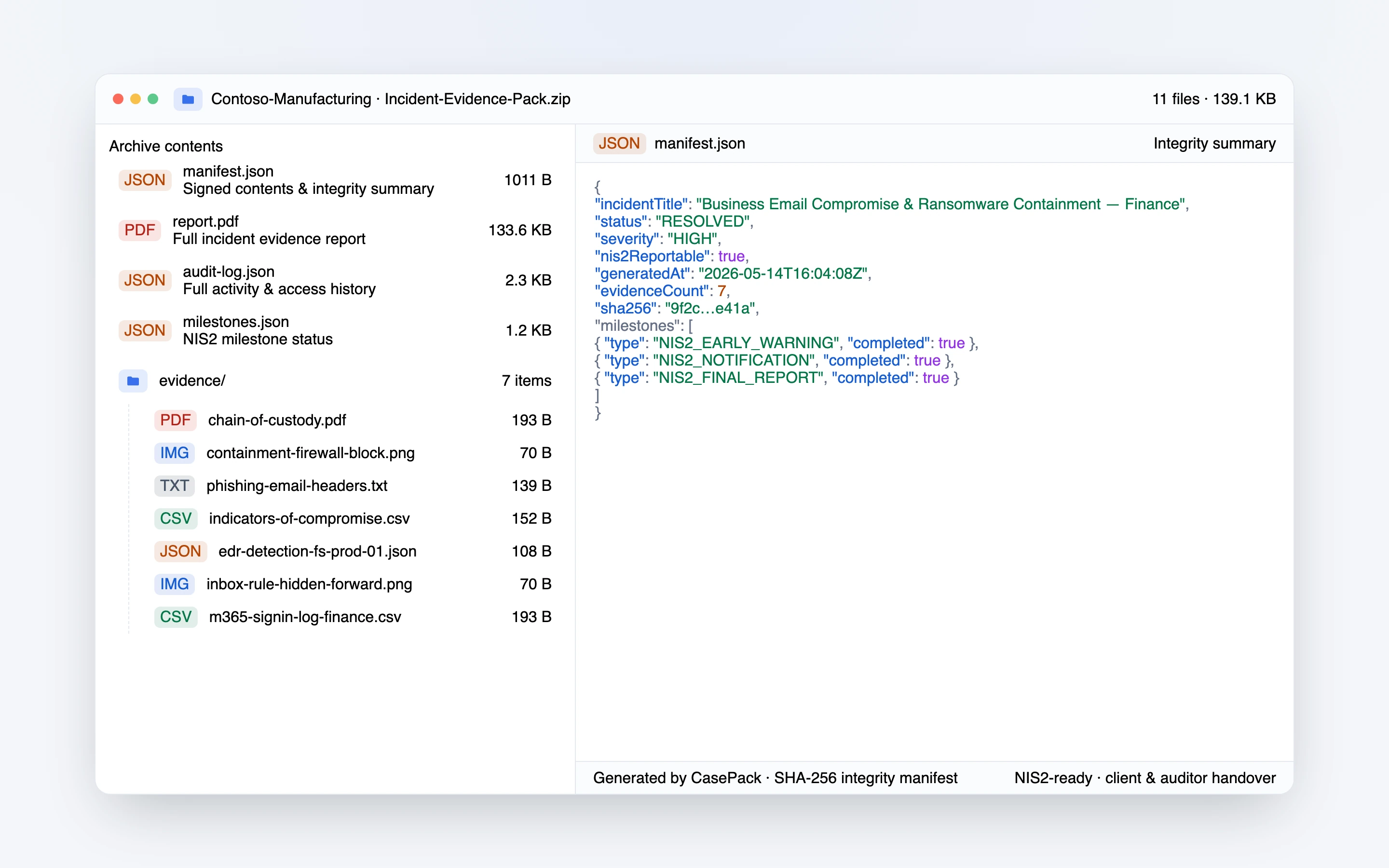 CasePack evidence pack ZIP structure and manifest