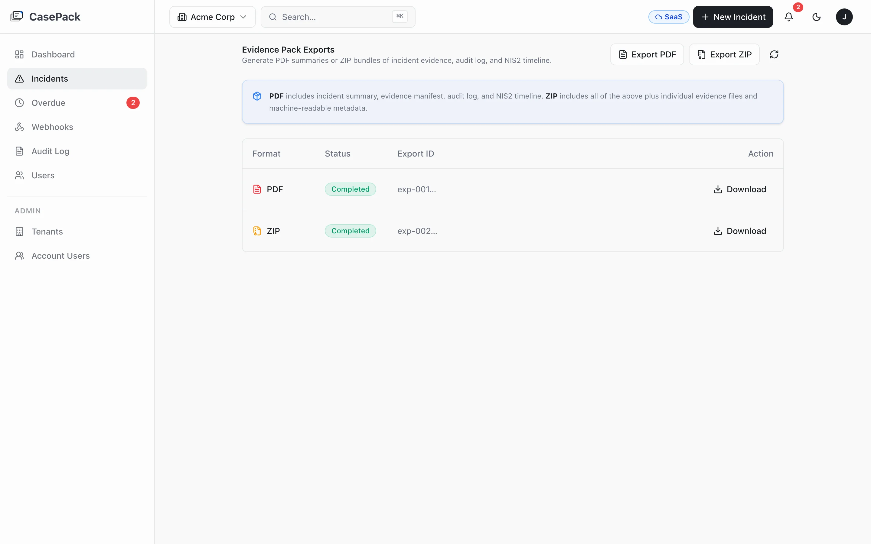 CasePack evidence pack export