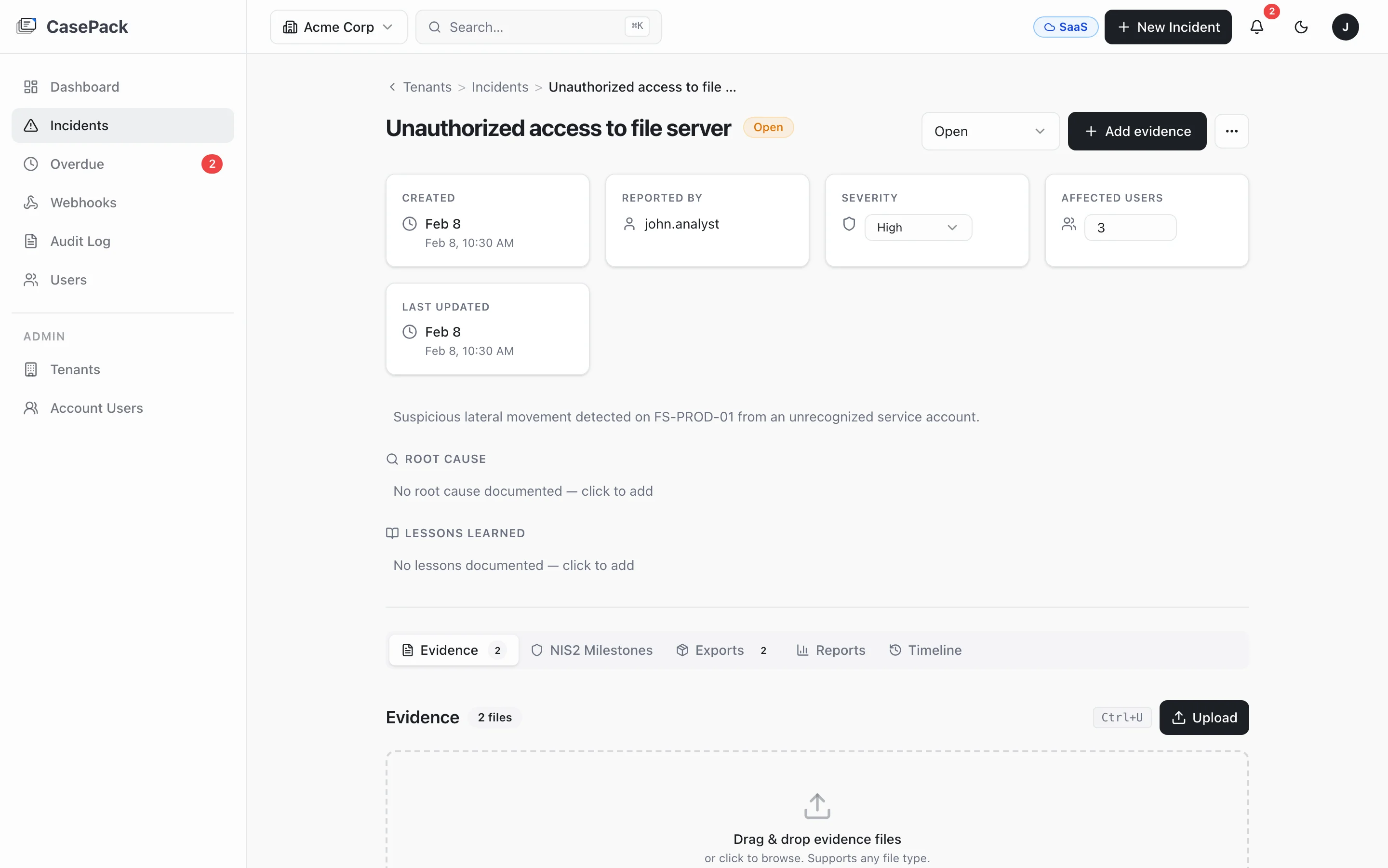 CasePack incident detail page