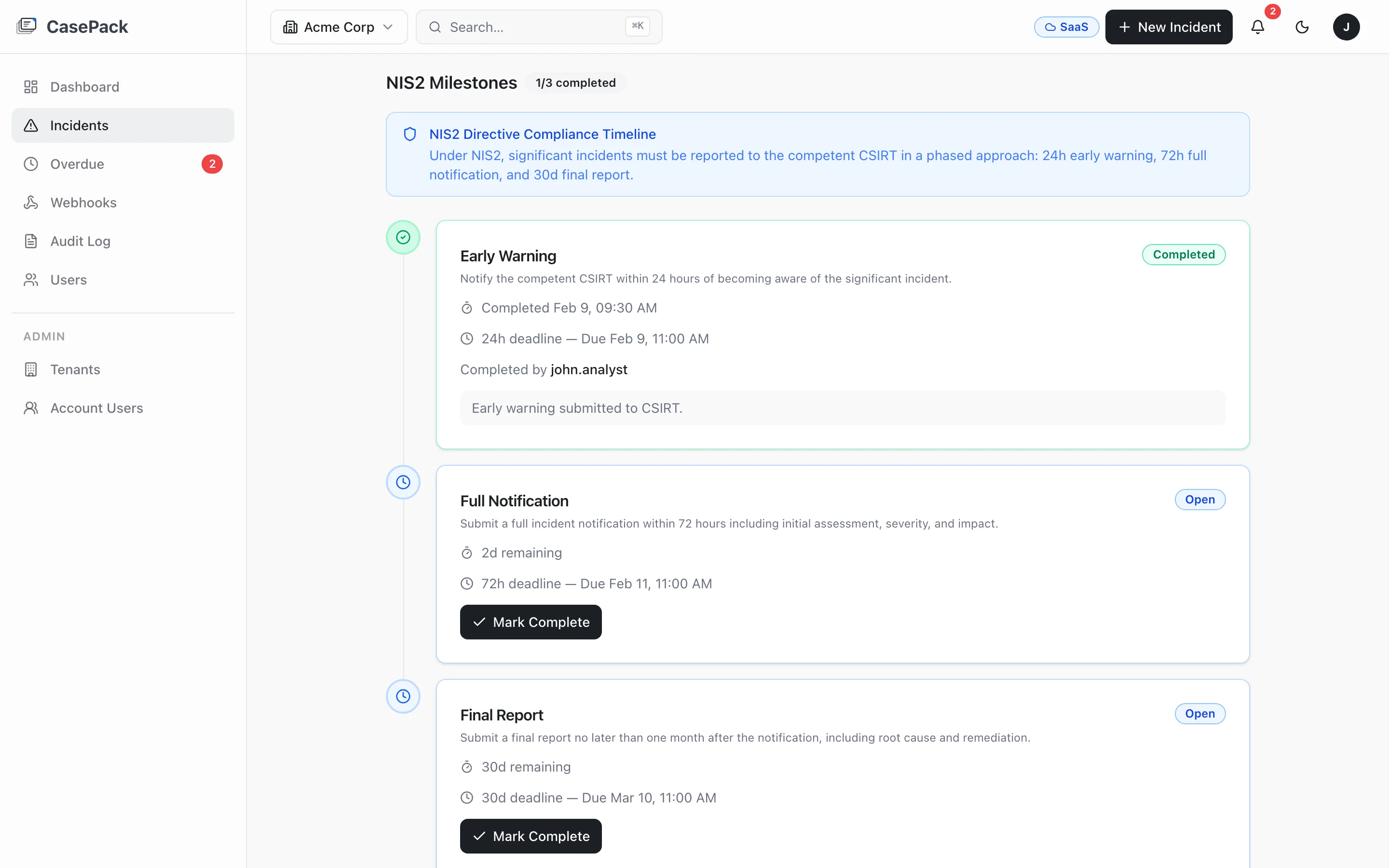 CasePack NIS2 milestones